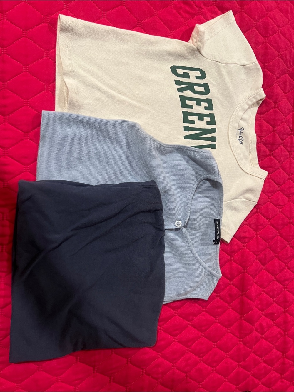 Brandy Melville Cream Tee with Green Print, Light Blue Top & Navy Tee
